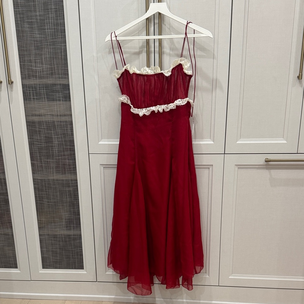 For Love And Lemons Red Midi Dress with Cream Lace Trim